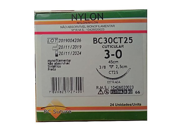 BC30CT25 | Fio Sutura Nylon 3-0 AG Triangular 3/8 25 mm BC Suture