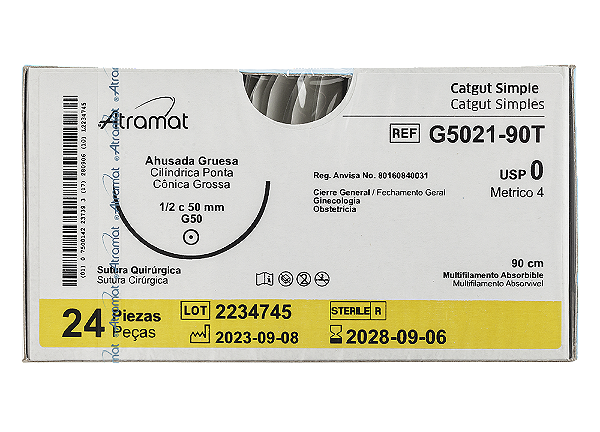 G5021-90T | Fio Sutura Catgut Simples 0 AG Cil. 1/2 Circ 50 mm
