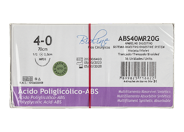 ABS40MR20G | Fio Sutura PGA 4-0 AG Cil. 1/2 Circ. 20 mm