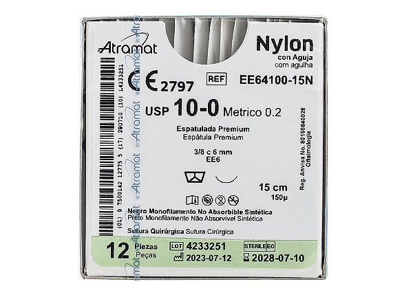 EE64100-15N | Fio Sutura Nylon 10-0 15 cm  AG Espátula 3/8  Agulha 6 mm
