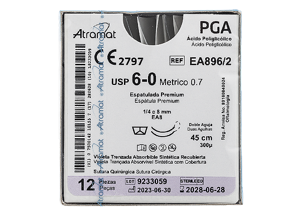 EA896/2 | Fio Sutura PGA 6-0 2x AG Espátula 1/4 Circ. 8 mm