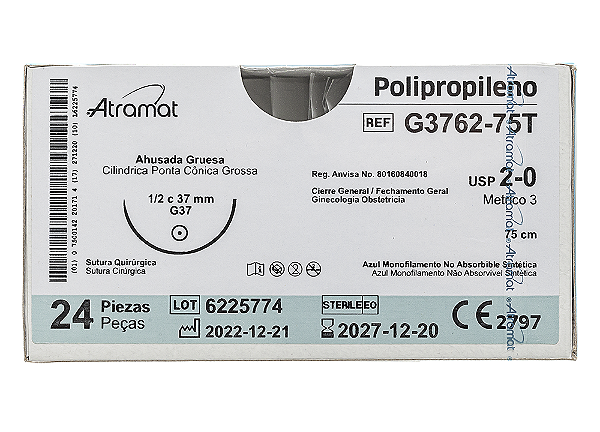 G3762-75T | Fio Sutura de Polipropileno 2-0 AG. Cil. 1/2 Cir. 37 mm