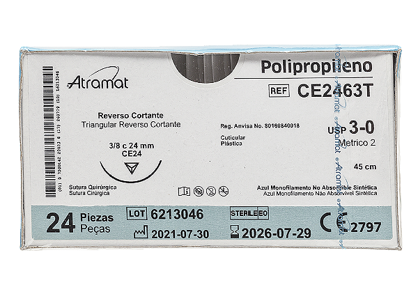CE2463T | Fio Sutura de Polipropileno 3-0 AG. T. 3/8 Cir. 24 mm