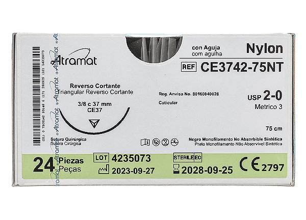 CE3742-75NT | Fio Sutura Nylon 2-0 AG Triang. 3/8 37 mm, 70 cm