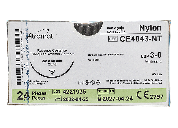 CE4043-NT | Fio Sutura Nylon 3-0 AG Triang. 3/8 40 mm