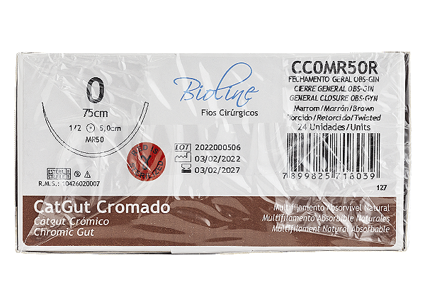 CC0MR50R | Fio Sutura Catgut Crom. 0 AG Cilíndrica 1/2 50mm