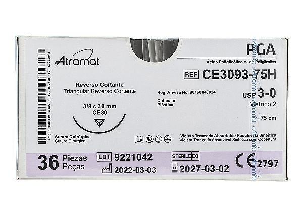 CE3093-75H | Fio Sutura PGA 3-0 AG T. 3/8 Circ. 30 mm
