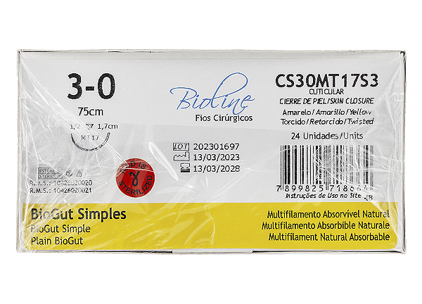 CS30MT17S3 | Fio Sutura Catgut Simples 3-0 AG Triang. 1/2 17 mm