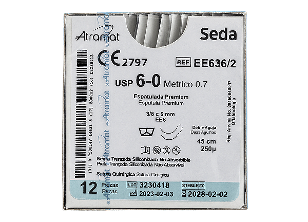 EE636/2 | Fio Sutura Seda 6-0 2x AG Espátula 3/8 6 mm - Oftalmologia