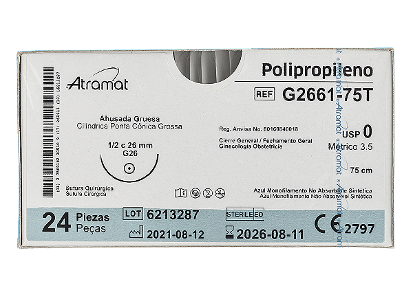 G2661-75T | Fio Sutura Polipropileno 0 AG Cil. 1/2 Circ. 26 mm