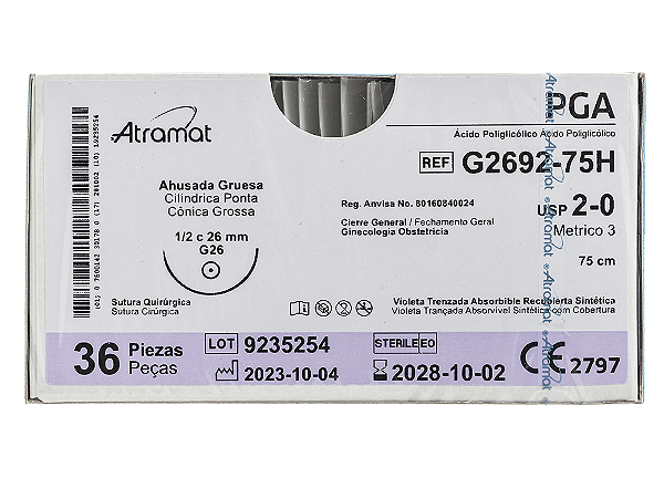G2692-75H | Fio Sutura PGA 2-0 AG Cilíndrica 1/2 Circ. 26 mm