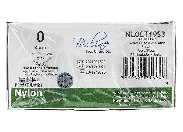 NL0CT19S3 | Fio Sutura Nylon 0 AG Triang. 3/8 19 mm