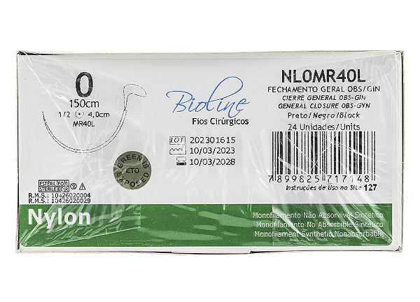 NL0MR40L | Fio Sutura Nylon 0 Agulha Cilíndrica de 40 mm, 150 cm Laçado