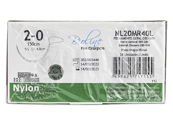 NL20MR40L | Fio Sutura Nylon 2-0 Agulha Cilíndrica de 40 mm, 150 cm Laçado
