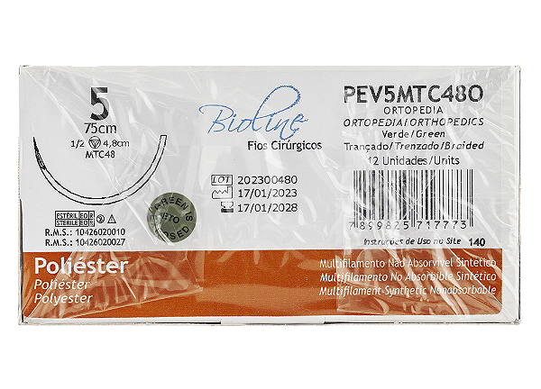 PEV5MTC48O | Fio Sutura de Poliéster 5 AG Cilíndrica Ponta cortante 1/2 Circ. 48 mm