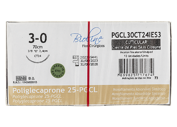PGCL30CT24IES3 | Fio Sutura PGC25 Bioline 3-0 AG T. 3/8 de circ. 24 mm, 70 cm