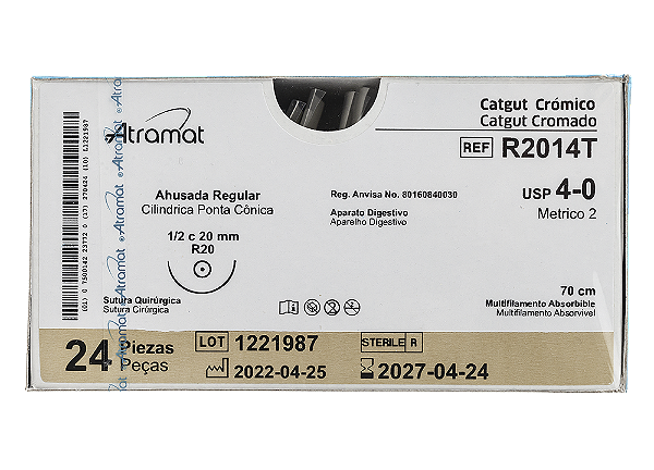 R2014T | Fio Sutura Catgut Cromado 4-0 AG Cilíndrica 1/2 20 mm