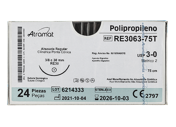RE3063-75T | Fio Sutura de Polipropileno 3-0 AG. Cilíndrica 3/8 Cir. 30 mm
