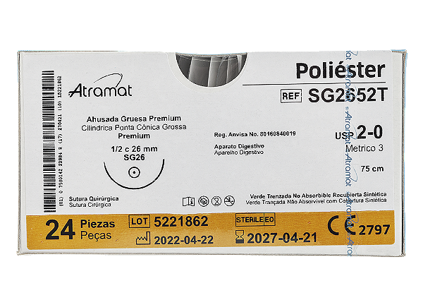 SG2652T | Fio Sutura de Poliéster 2-0 AG Cilíndrica 1/2 Circ. 26 mm