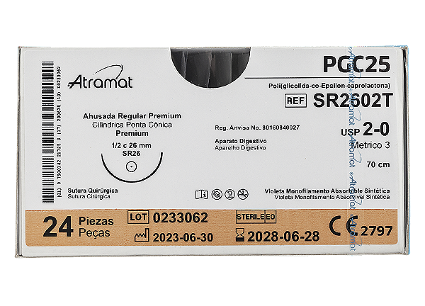 SR2602T | Fio Sutura de PGC25 2-0 AG Cilíndrica  1/2 Circ. 26 mm (Equivalente ao Caprofyl CF123T)