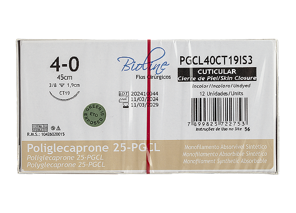 PGCL40CT19IS3 | Fio Sutura PGC25 Bioline 4-0 AG T. 3/8 de circ. 19 mm, 45 cm de comprimento