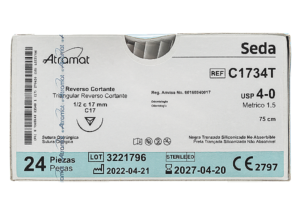 C1734T | Fio Sutura Seda 4-0 AG Triang. 1/2 17 mm, 75 cm