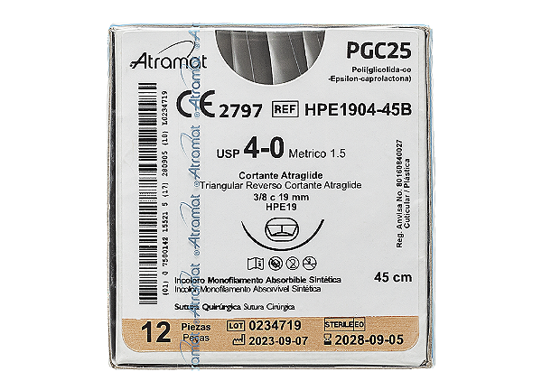 HPE1904-45B | Fio Sutura PGC25 4-0 AG Triang. Atraglide 3/8 19mm