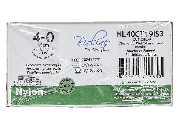 NL40CT19IS3 | Fio Sutura Nylon Incolor 4-0 AG Triang. 3/8 19 mm