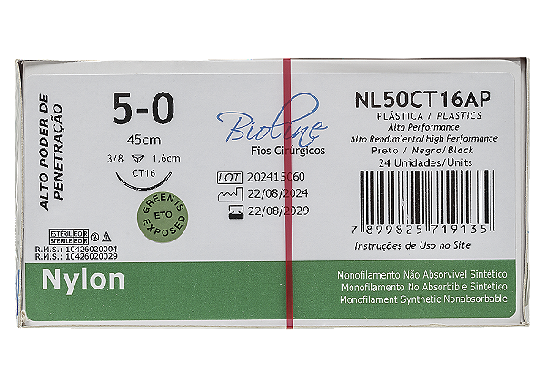 NL50CT16AP | Fio Sutura Nylon 5-0 AG Triang. 3/8 16 mm - Plástica