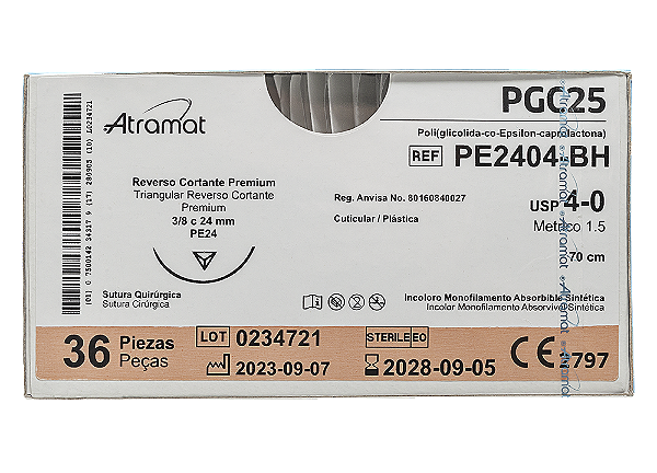 PE2404-BH | Fio Sutura PGC25 Incolor 4-0 AG Triang. 3/8 24 mm - Plástica