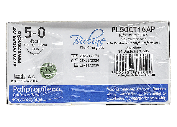 PL50CT16AP | Fio Sutura de Polipropileno 5-0 AG. Triang. 3/8 16 mm