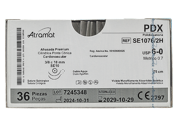 SE1076/2H | Fio Sutura Polidioxanona / PDX  6-0 2 x AG Cilíndrica - Cardiovascular 1/2 10 mm