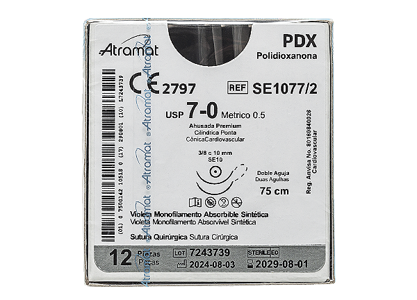 SE1077/2 | Fio Sutura Polidioxanona / PDX  7-0 2 x AG Cilíndrica Cardiovascular 1/2 10 mm
