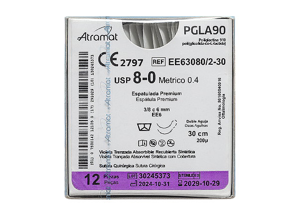 EE63080/2-30 | Fio Sutura Poliglactina 910 8-0 2x AG Espátula 3/8 6 mm - Oftalmologia