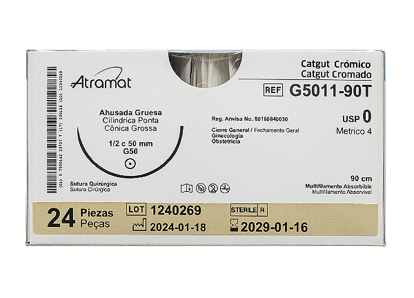G5011-90T | Fio Sutura Catgut Cromado 0 AG Cilíndrica 1/2 círculo 50 mm