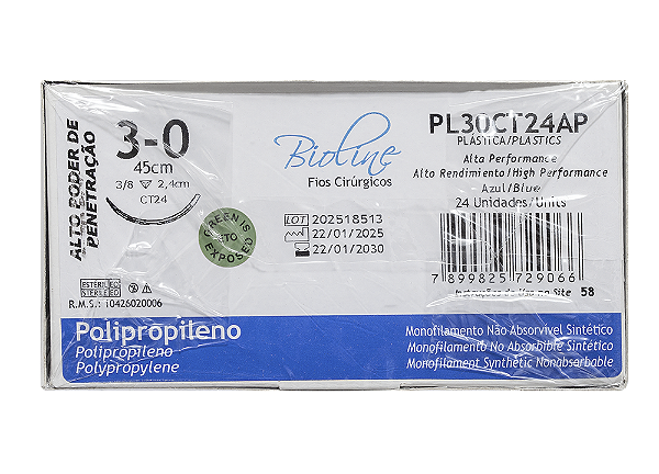 PL30CT24P | Fio Sutura de Polipropileno 3-0 AG. Triangular Cortante, 3/8 de círculo, 24 mm