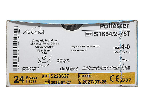 S1654/2-75T | Fio Sutura de Poliéster 4-0 2 x AG Cilíndrica 1/2 Circ. 16 mm