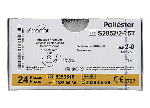 S2052/2-75T | Fio Sutura de Poliéster 2-0 2 x AG Cilíndrica 1/2 Circ. 20 mm