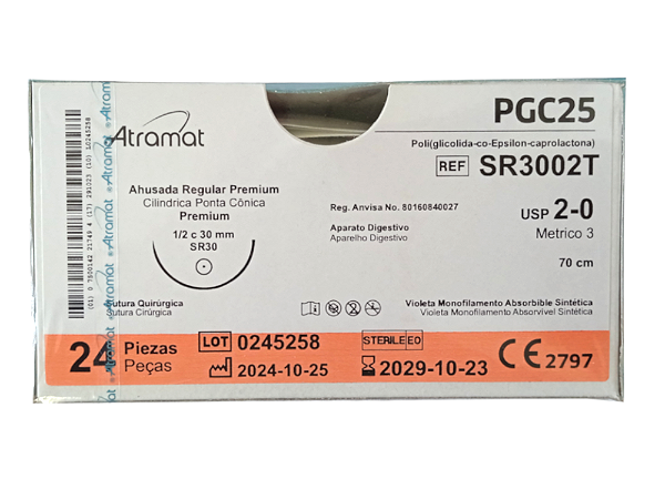 SR3002T | Fio Sutura de PGC25 2-0 AG Cilíndrica 1/2 30 mm