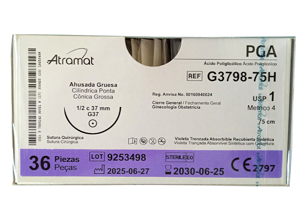 G3798-75H | Fio Sutura PGA 1 AG Cilíndrica 1/2 círculo 37 mm