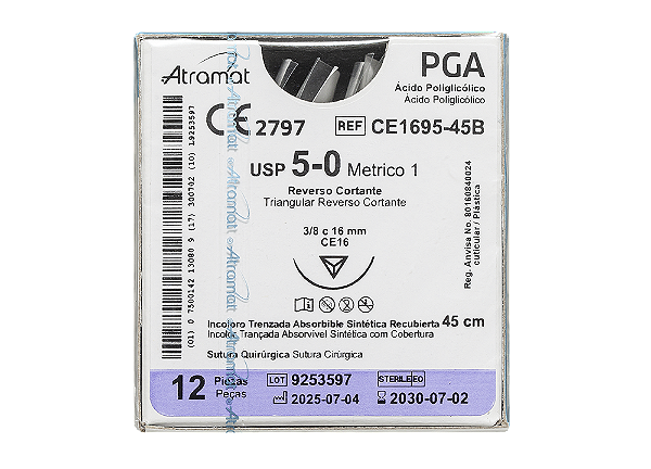 CE1695-45B | Fio Sutura PGA 5-0 AG Triangular 16 mm, 3/8 de círculo