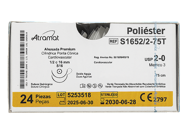 S1652/2-75T | Fio Sutura de Poliéster 2-0 2 x AG Cilíndrica 1/2 Circ. 16 mm