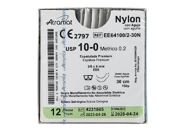 EE64100/2-30N | Fio Sutura Nylon 10-0 2 x AG Espátula 3/8 6 mm - Oftalmologia