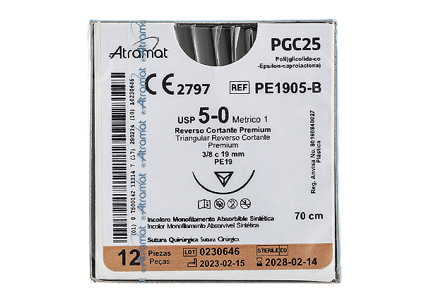 PE1905-B | Fio Sutura PGC25 5-0 AG Triang. 3/8 19mm, 70 cm