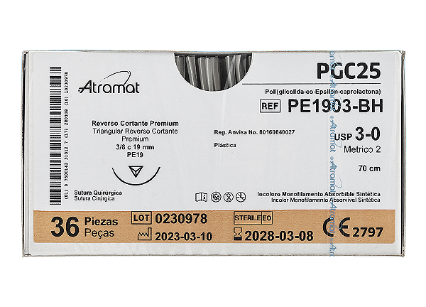 PE1903-BH | Fio Sutura PGC25 3-0 AG Triang. 3/8 19mm