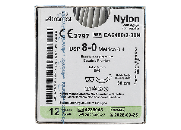 EA6480/2-30N | Fio Sutura Nylon 8-0 2x AG Espátula 1/4 6 mm - Oftalmologia