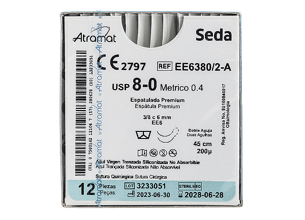 EE6380/2-A | Fio Sutura Seda 8-0 2x AG Espátula 3/8 6 mm - Oftalmologia