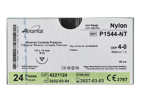 P1544-NT | Fio Sutura Nylon 4-0 AG Triang. 1/2 Circ. 15 mm