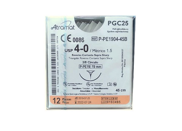 P-PE1904-45B | Fio Sutura PGC25 4-0 AG Triang. 3/8 19mm (equivalente ao Monocryl Y496G)