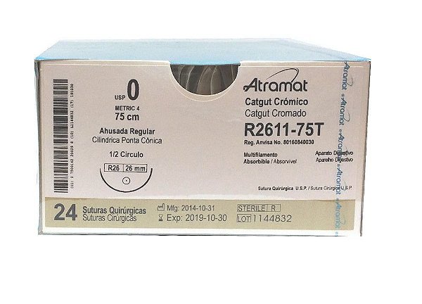 R2611-75T | Fio Sutura Catgut Crom. 0 AG Cil. 1/2 26mm